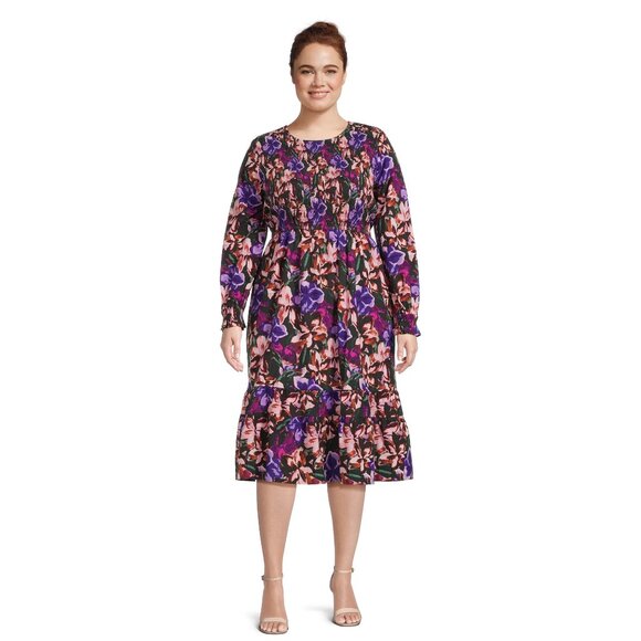 Terra & Sky Women's Plus Size 0X, 2X, 3X, 4X Tiered Peasant Midi Floral Dress - Picture 1 of 10
